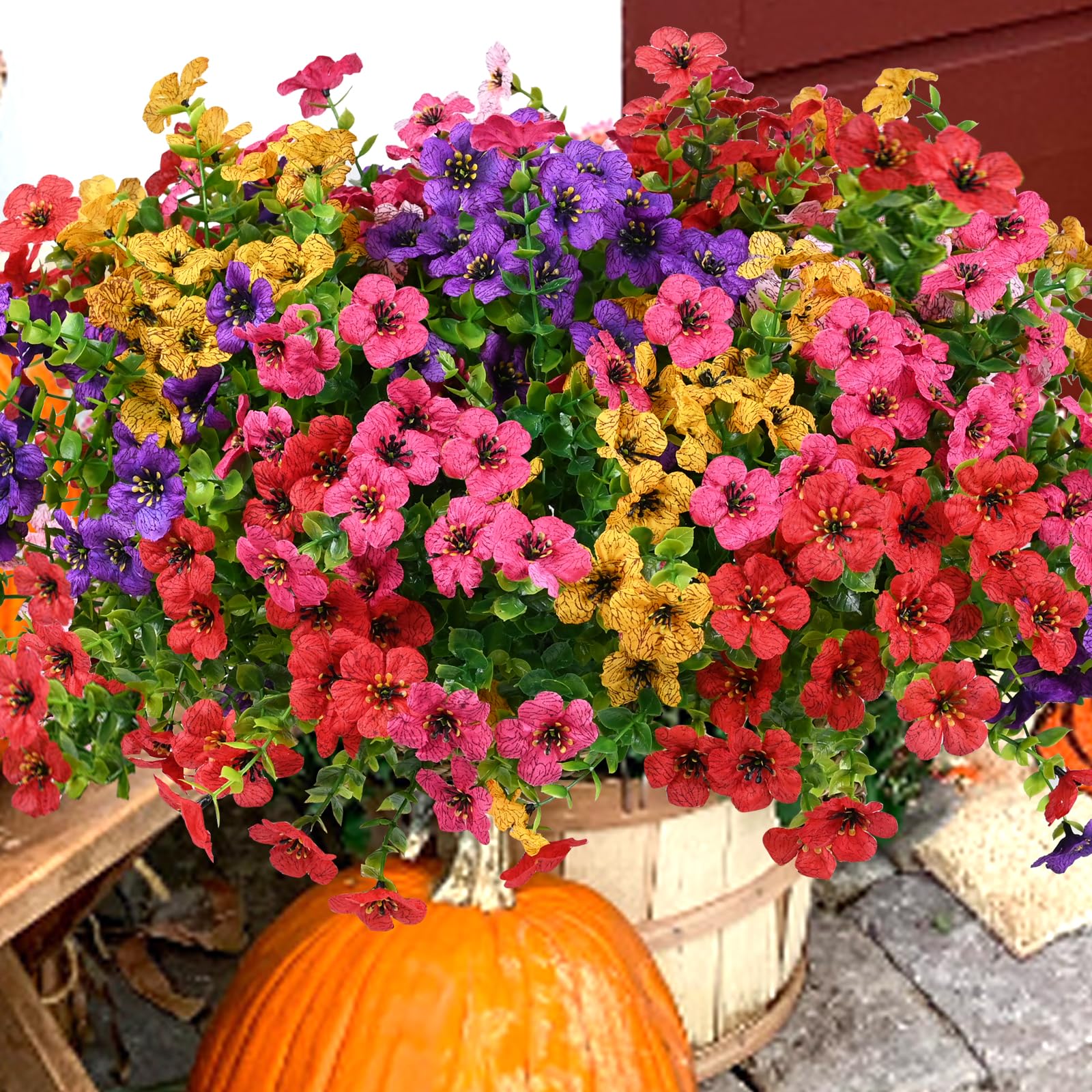 trytuny Artificial Flowers for Outdoor, UV Resistant Fake Silk Flowers, Realistic Faux Plants for Outside Indoor Porch Patio Window Box Planter Home Decor (14, Yellow Purple Rosy Red)