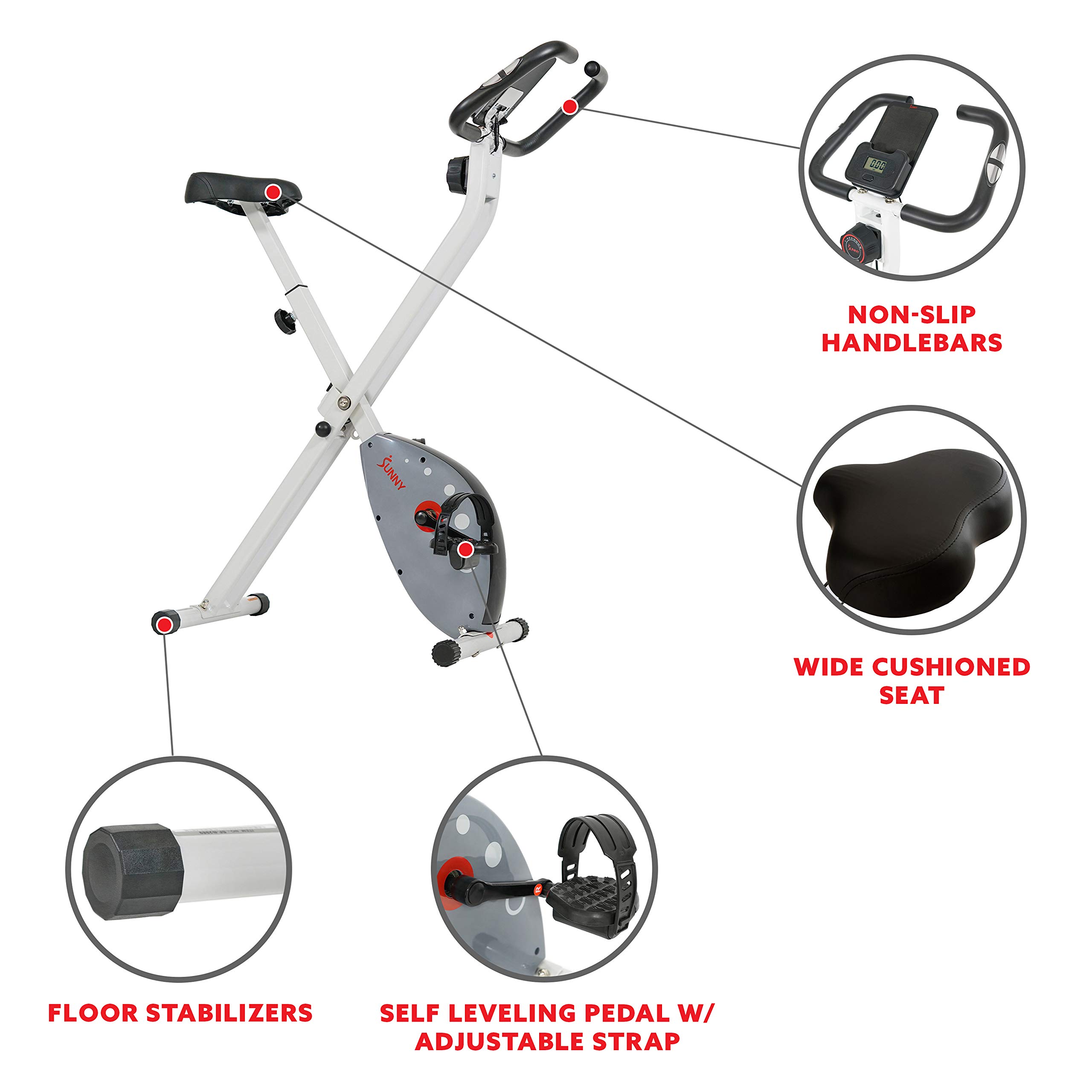 Sunny Health & Fitness Exercise Bike w/Pulse Sensors & Adjustable Cushion Seat, Home Cardio Training Machine for Adults/Seniors' Indoor Cycling Workout, Optional Compact Foldable or Electro-Magnetic