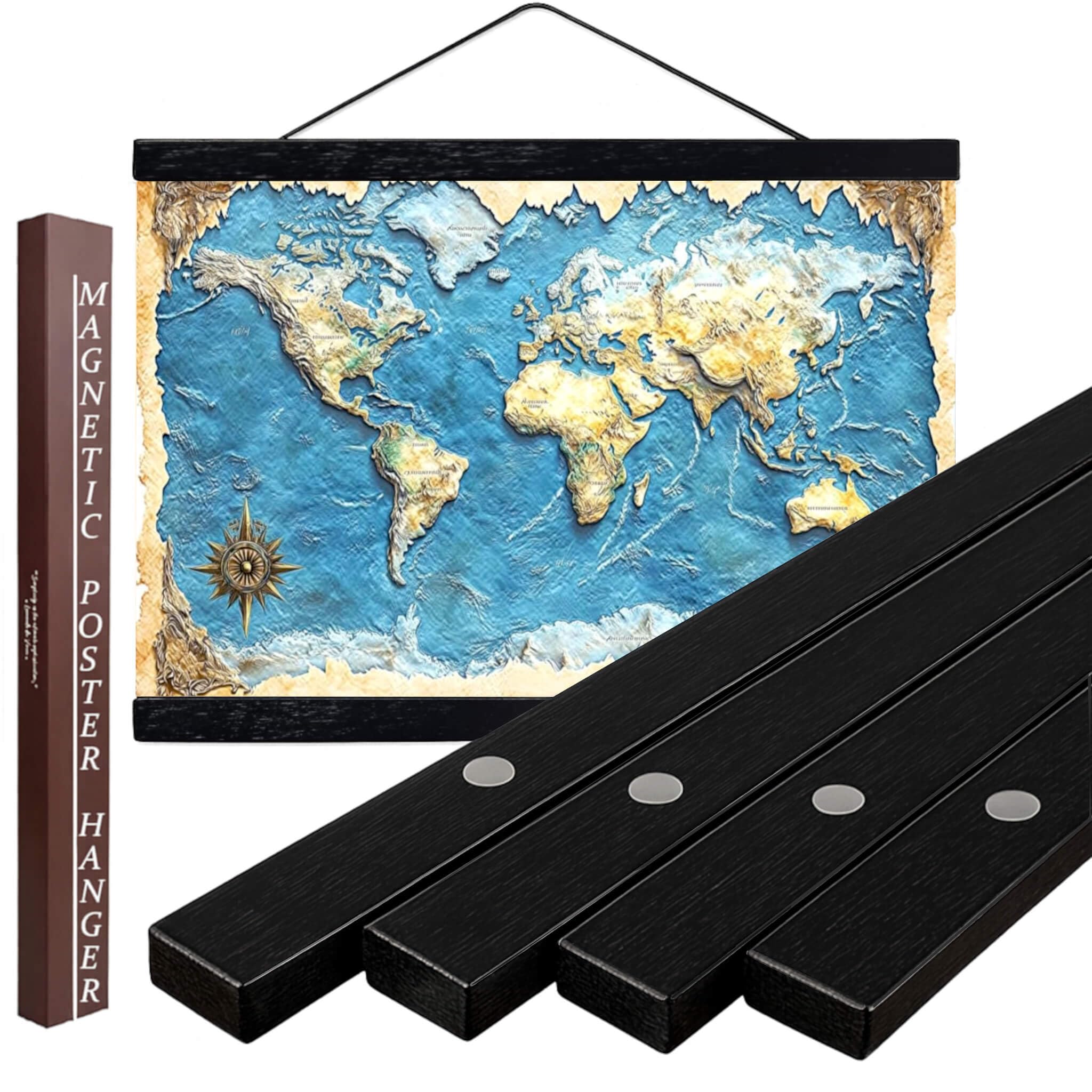 Dacri Home 24 Inch Wide Magnetic Poster Hanger Frame,24x18 24x32 24x36 Wooden Poster Hanger, Strong Magnets for Hanging Posters Maps Pictures Canvas Print Scroll Wall Art (24”, Black)