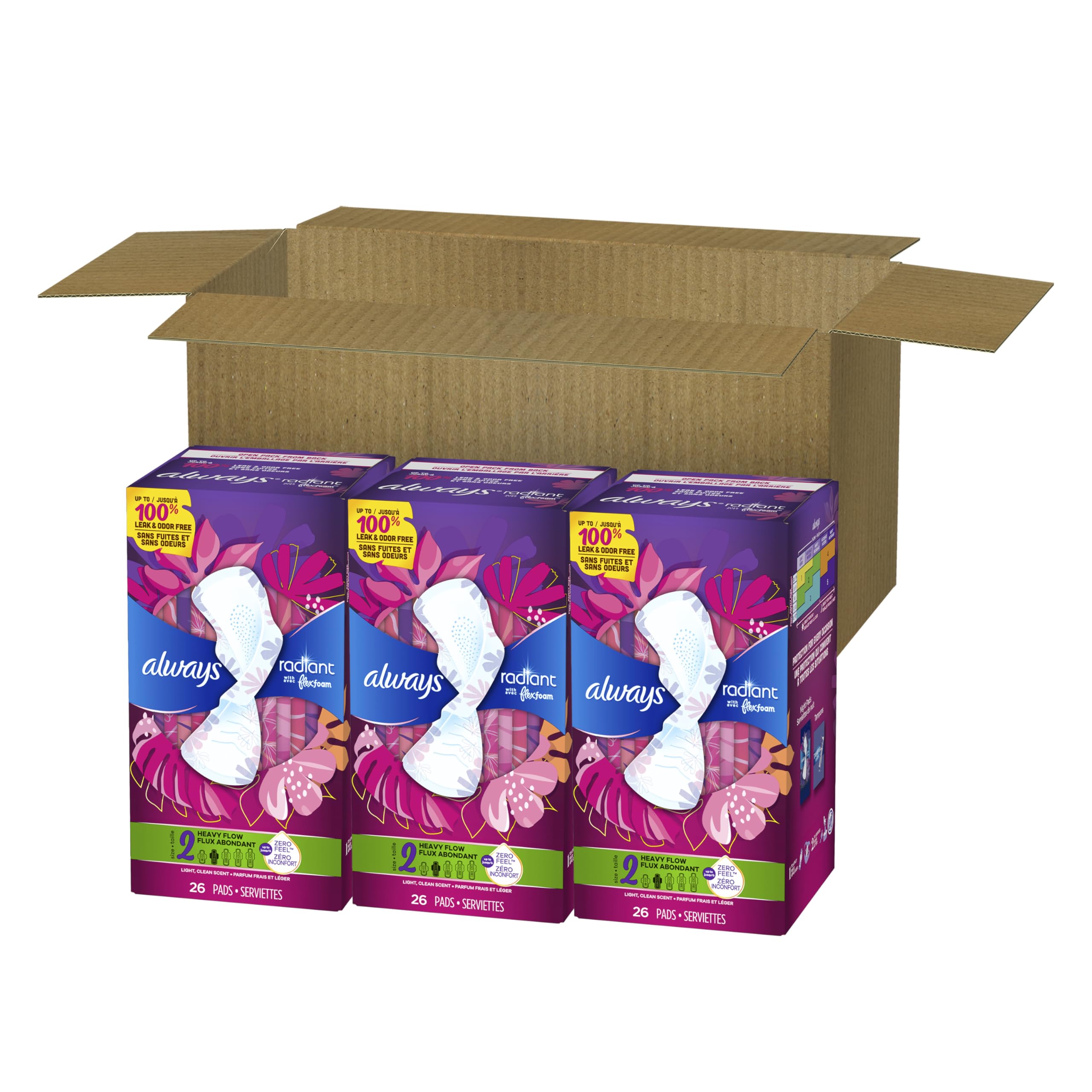 Always Radiant Feminine Pads for Women, Flexfoam Pads with Wings, Size 2, Heavy Absorbency, Lightly Scented, 78 Count (3 Packs of 26)
