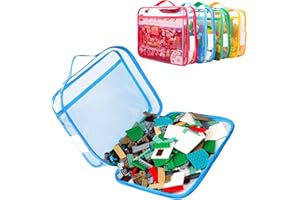 Tesuko 4 Pack Toy Storage Organizer Bag for Lego Bricks, Clear PVC Zippered Blocks Set with Manual Pocket& Name Tag, Waterproof Toy Carrying Case for Board Games& Building Blocks (Large, Colorful)