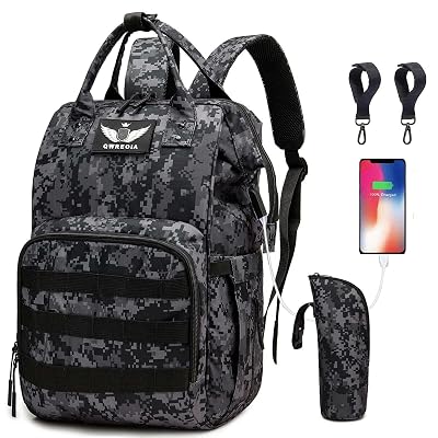 QWREOIA Diaper Bag Backpack with USB Charging Port Stroller Straps and Insulated Pocket,army military Travel Nappy Backpack for Dad/Mom (Black Camo)