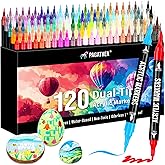 Pagather 120 Colors Acrylic Paint Markers, Dual Tip Fine Tip and Brush Tip Pens Contain 24 Metallic Color for Stone, Wood, Calligraphy, Canvas, Ceramic, Metal, Glass, Rock Painting, DIY Crafts