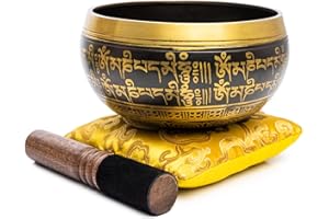 Tibetan Singing Bowl Set - Easy To Play Authentic Handcrafted For Meditation Sound Bowl Chakra Yoga Healing 4 Inches By Himalayan Bazaar (Black & Yellow)