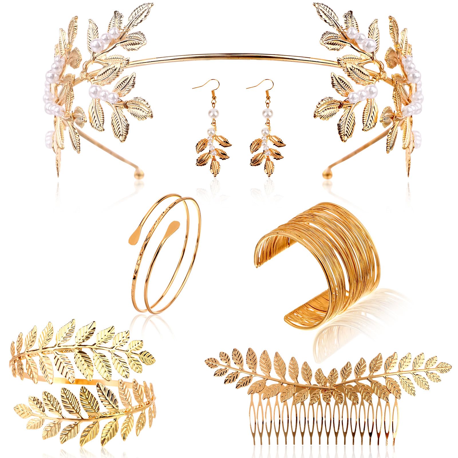 6 Pieces Goddess Costume Accessories Set Goddess Leaf Headband Gold Leaf Bangle Bracelet Armband Greek Roman Laurel Leaf Branch Goddess Headpiece Romantic Grecian Costume Accessories