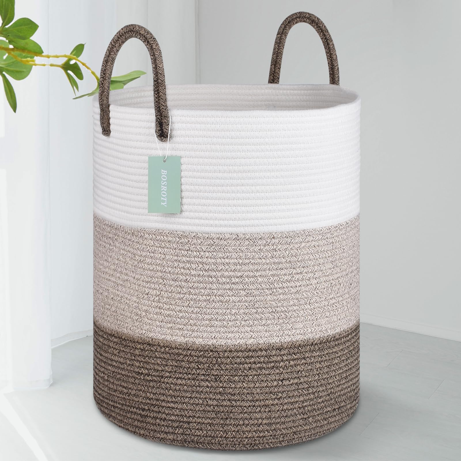 BOSROTY Large Blanket Basket, Tall Laundry Hamper 65L, Nursery Basket with Handles for Storage Toys Clothes Towels, Cotton Rope Woven Organiser, 40 x 50 CM, White & Gradient Brown