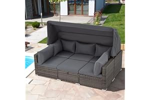 HOMREST 6 Pieces Patio Furniture Sets, Rattan Daybed with Retractable Canopy, Outdoor Sectional Sofa Set with Adjustable Backrest, Chaise Chair Sunbed for Garden Poolside Backyard（Grey）