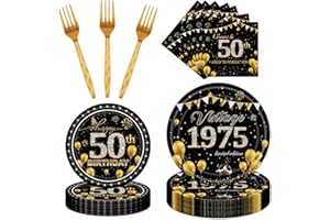 refavor 50th Party Tableware Set - 96PCS Black Gold 50th Birthday Decorations Supplies Cheers to 50 Years Paper Plate Napkin Fork Supplies Vintage 50th Birthday Party Decor Supplies Men