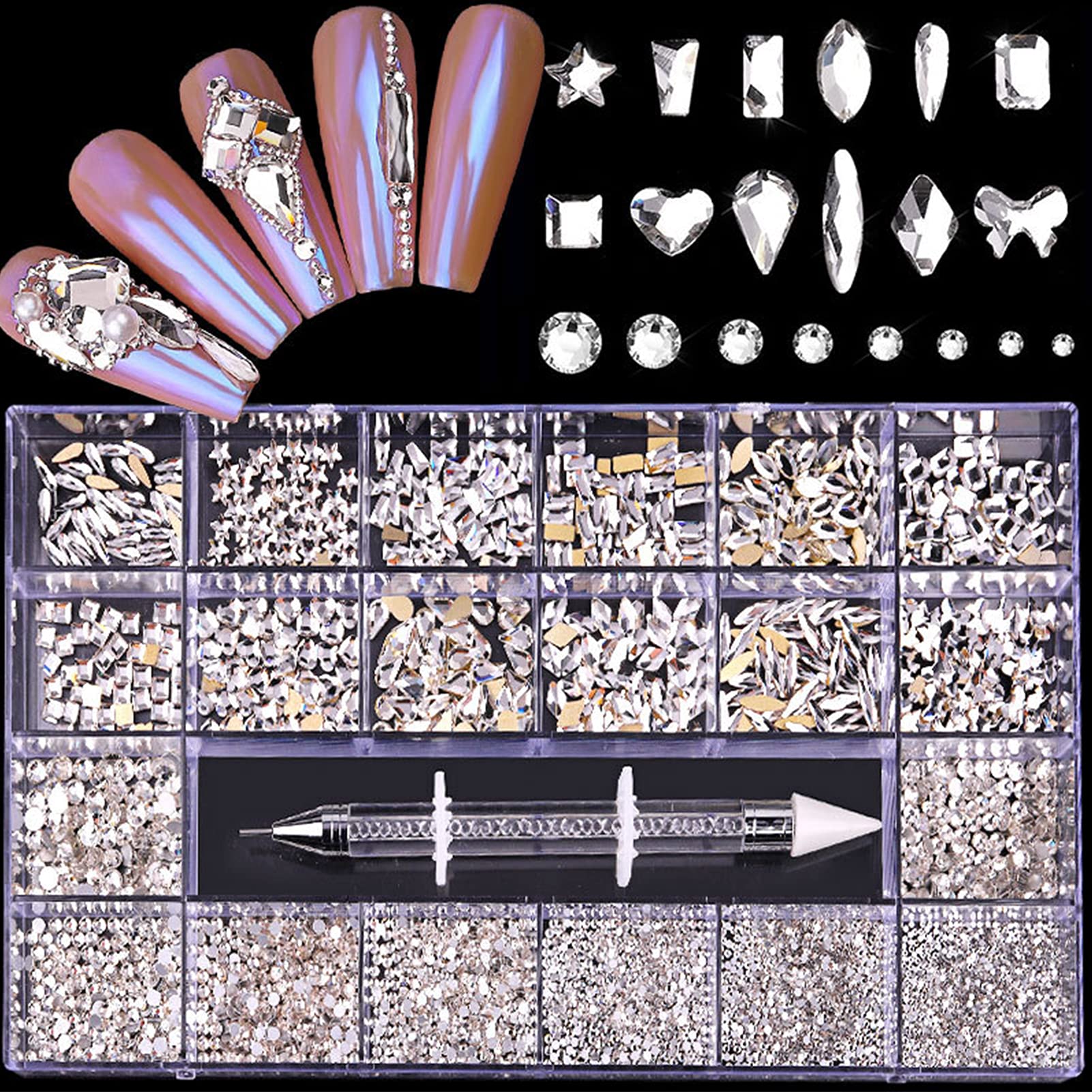 Sonew Nail Gems for Nail Art, 13 Styles Shiny Jewels Diamonds for Nail Decoration, Make-up, Phone Decor, Nail DIY Glass Decoration with Rhinestone Picker