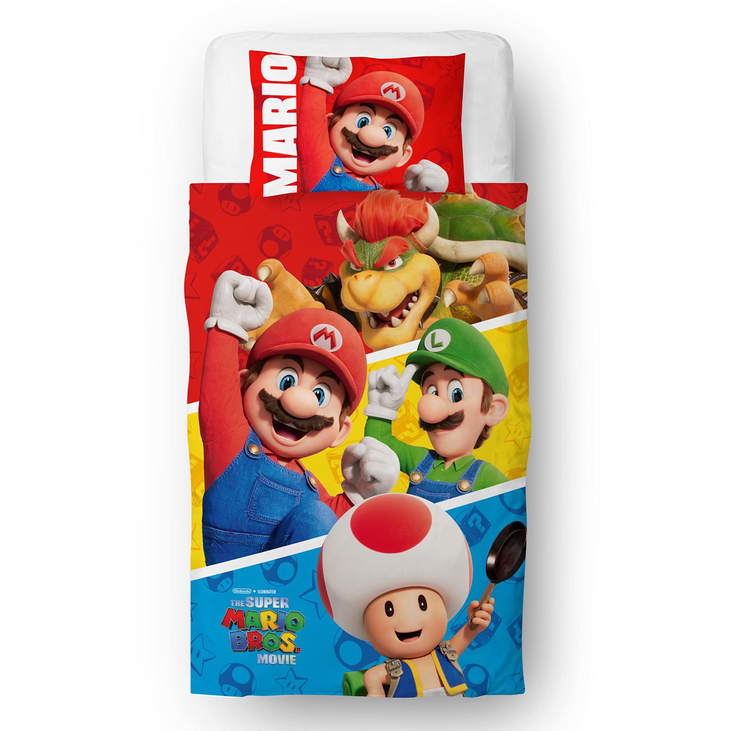 Character World Nintendo Super Mario Movie Official Single Childs Duvet Cover Set | Jump Design Reversible 2 Sided Bedding Including Matching Pillow Case Brands Single Bed Set | Polycotton