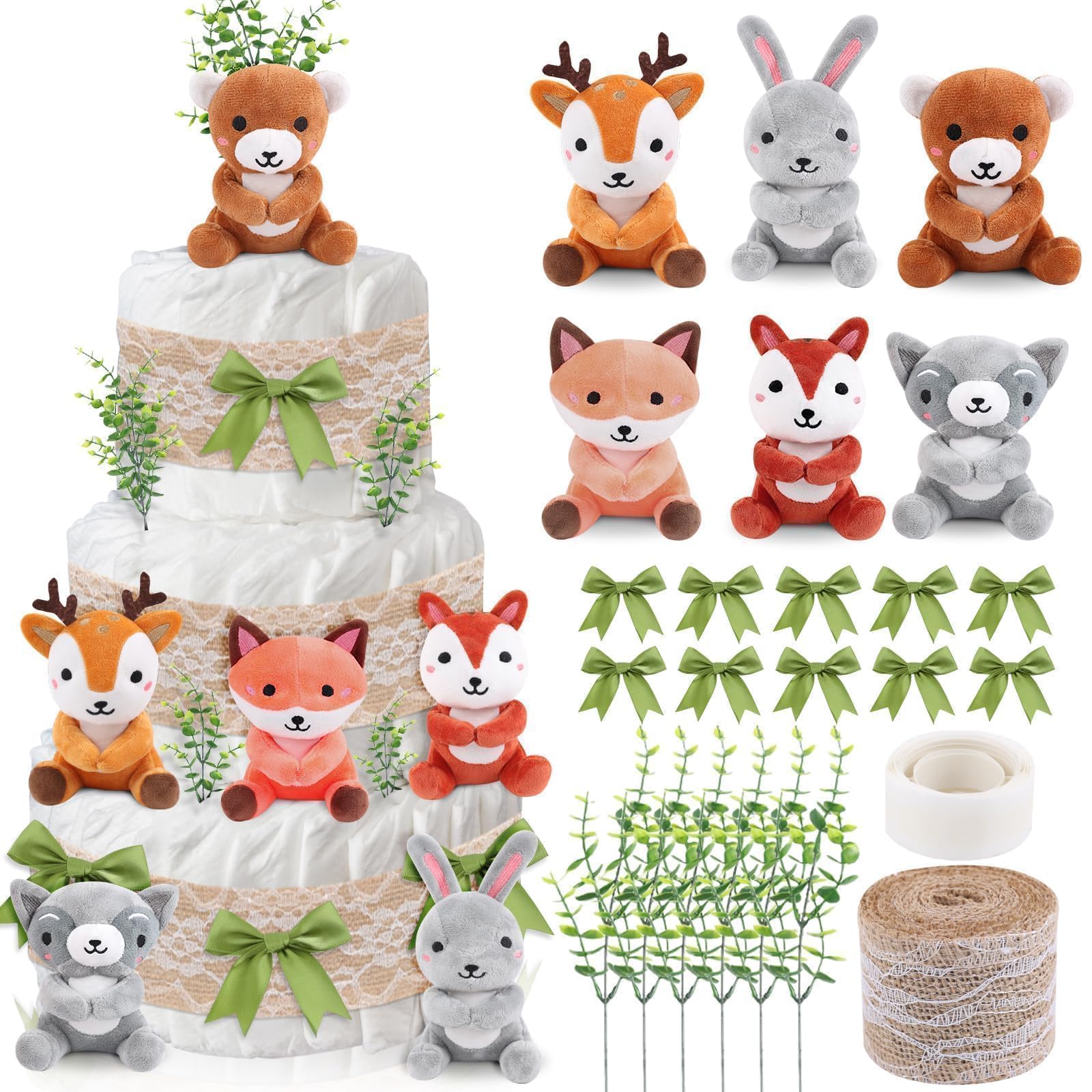 Photo 1 of 23 Pcs Diaper Cake Kit Woodland Creature Animals Party Diaper Cake Decor Mini Stuffed Forest Animals Jungle Animal Baby Shower Diaper Cake for Birthday Party Supplies Table Centerpiece Decoration