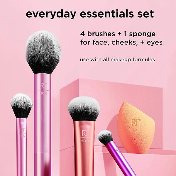 REAL TECHNIQUES 5 PIECE EVERYDAY ESSENTIALS MAKEUP BRUSH SET, INCLUDES 4 BRUSHES & MAKEUP SPONGE, FOR FOUNDATION, BLUSH, BRONZER, CONTOUR, EYESHADOW, & POWDER, TRAVEL GIFT SET, CRUELTY-FREE & VEGAN