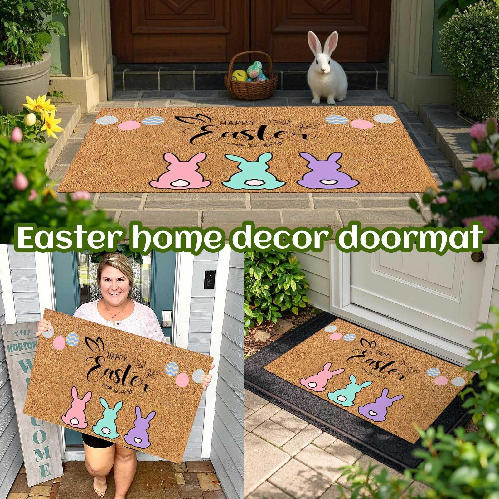 Easter Decorations,Coir Easter Bunny Door Mat,Happy Easter Front Door Rugs,Non Slip Doormat for Outdoor Indoor for Entryway, Easter Egg Door Mats for Living Room Kitchen Decor Easter Gifts - Image 5