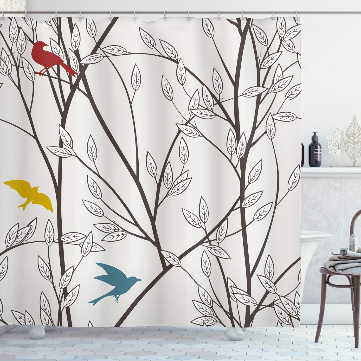 ABAKUHAUS Nature Shower Curtain, Birds Wildlife Cartoon Like Image with Tree Leaf Art Print, Cloth Fabric Bathroom Decor Set with Hooks, 70 Inches, Mustard Maroon