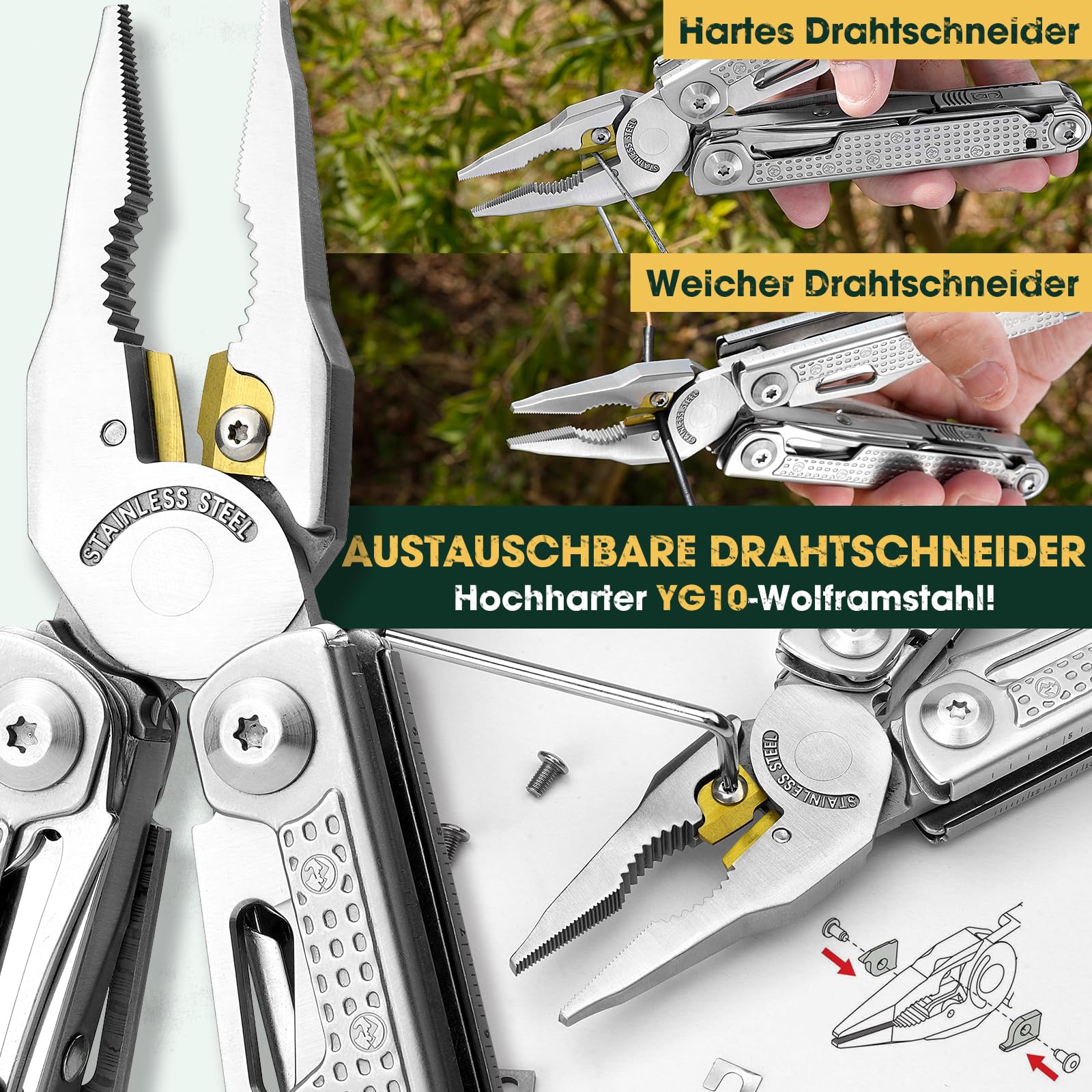 Multper Multitool Werkzeug, Geschenke für Männer, Aufgerüstetes Multi Tool Edelstahl Faltbares mit Damastmesser, Drahtschneider und Schraubendreherset, Multifunktionszange für Outdoor und Camping 4