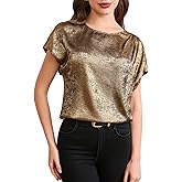 MakeMeChic Women's Elegant Metallic Tops Short Sleeve Round Neck Blouses