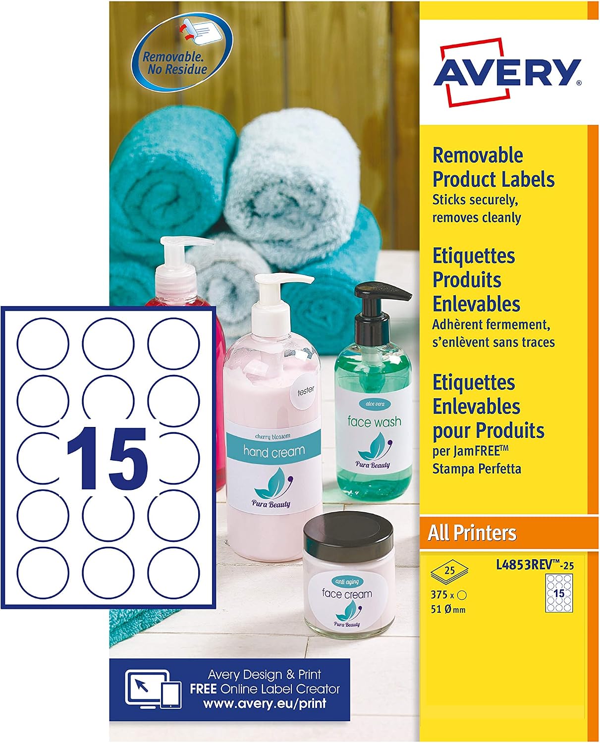 Avery Removable, Printable, Multi Purpose Circle Labels, Multi Surface, diameter 51 mm, White, 15 Labels per Sheet
