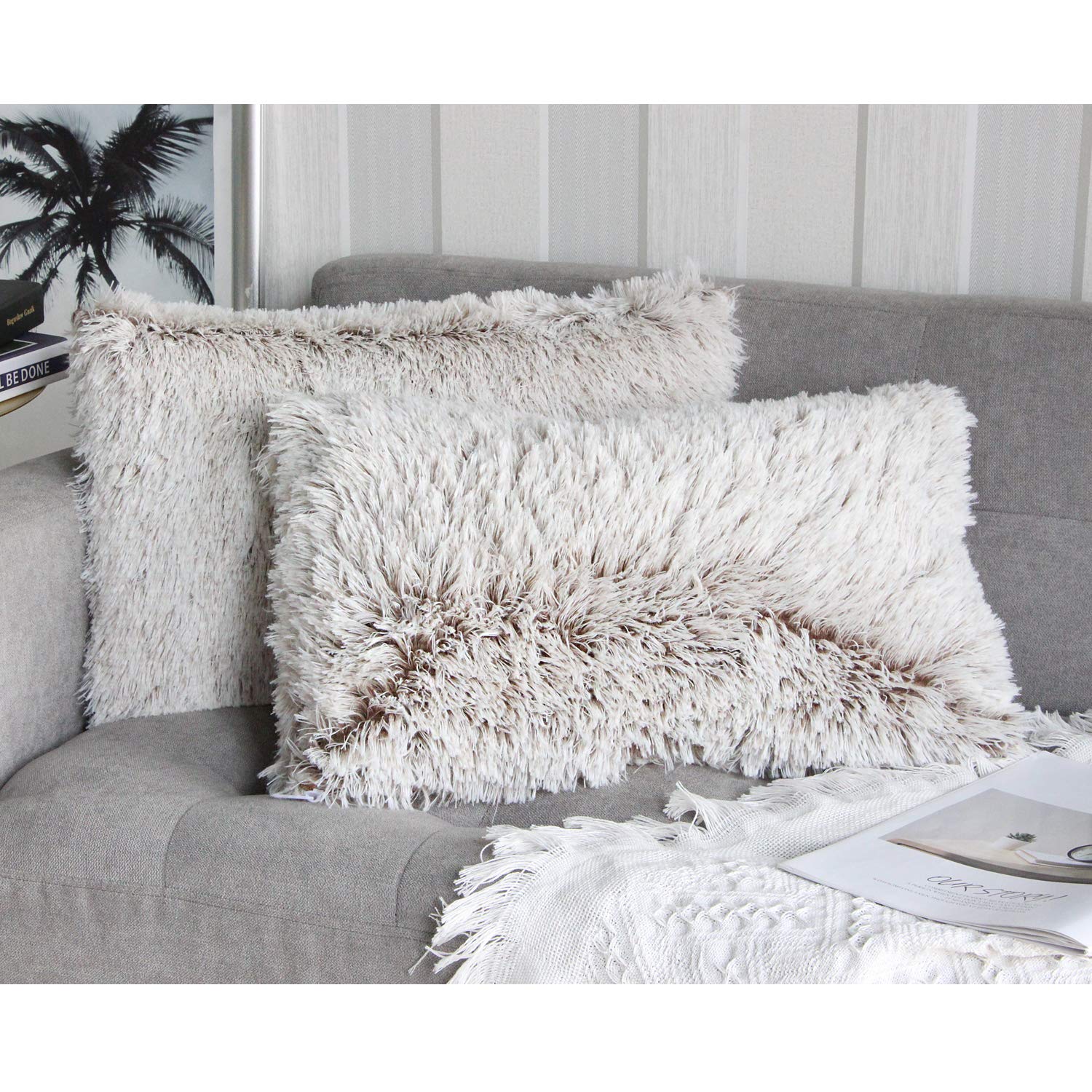 Uhomy 2 packs Fluffy Plush Pillow Covers 12"x20", Full Winter Home Decorative Super Fuzzy Artificial Fur Throw Pillow Case Cushion Cover for Sofa Bed Living Room Brown Ombre 30x50 cm Two Sides Fur