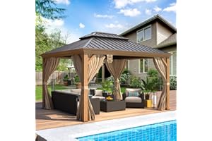 EROMMY 10'x12' Hardtop Gazebo, Wooden Finish Coated Aluminum Frame Gazebo with Galvanized Steel Roof, Outdoor Metal Gazebos with Curtains and Nettings for Patio, Backyard, Deck and Lawns