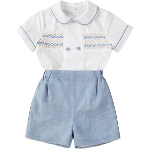 Twoflower Smocked toddler boy outfits Summer Cotton Short Sleeve boys' button-down shirts Casual 2 piece Clothing Set