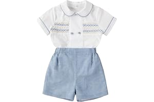 Twoflower Smocked toddler boy outfits Summer Cotton Short Sleeve boys' button-down shirts Casual 2 piece Clothing Set