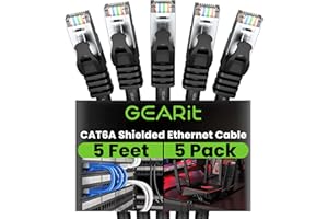 GEARit Cat6A Ethernet Cable (5 ft, 5-Pack, Black) 10Gbps Snagless Shielded SSTP, SFTP Shielded Ethernet Cable, 26AWG 4 Pair S