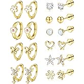 Hypoallergenic Screw Back Earrings for Girls Women - Surgical Steel 14K Gold Silver Plated Cute Toddler Little Girl Kids Earrings for Sensitive Ears Heart CZ Flower Stud Hoop Earring Sets 10 Pairs