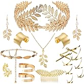 COSUCOS Greek Goddess Costume Accessories Set, 12 Pcs Laurel Leaf Crown Kit with Ring Earring Necklace Belt Bracelet Hair Pins and Arm Cuff, Renfaire Headpiece for Women Renaissance Halloween