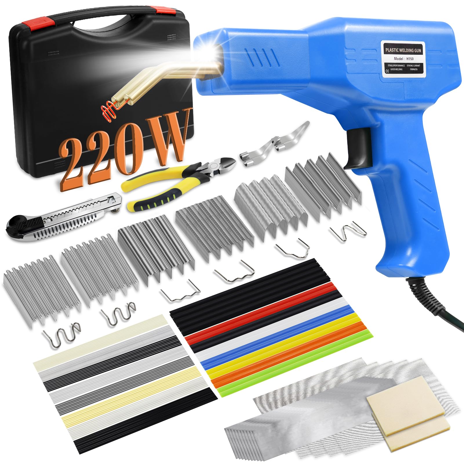 Photo 1 of 220W Plastic Welder,Plastic Welding Kit Car Bumper Repair 1000pcs Hot Staples & 92pcs 7 Types of Welding Plastic Welding Rods for Car Bumper Plastic Crack Repair (Blue)