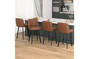 SAECKBERG Swivel Bar Stools Set of 4, 26''H Upholstered Barstools with Backs, Modern Counter Height Bar Stool Chairs for Kitchen Island, Metal Legs, Faux Leather, Brown Counter Stools