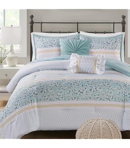 Octorose Luxuriöses Queen Bettwäsche-Set (228,6 X 238,8 Cm) – Aqua, Braun, Beige Stickerei – 7-teiliges Set Inkl. Bettdecke, Kissenbezügen & Bettrock