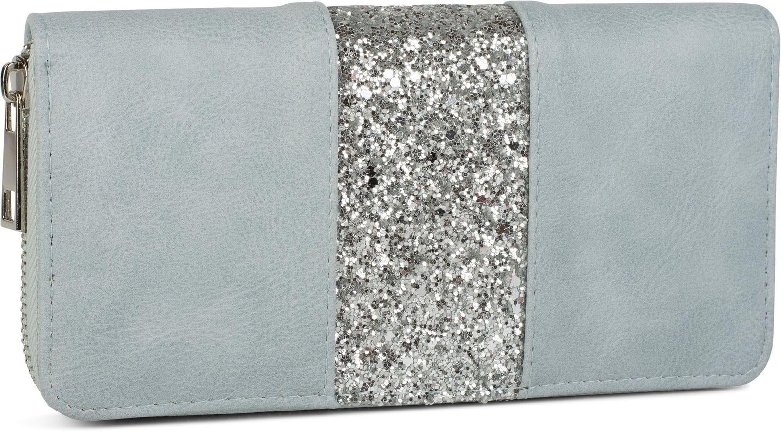 styleBREAKER Wallet with Surrounding Sequin Stripes, Zipper, Wallet, Women 02040056, Colour:Light Blue/Silver