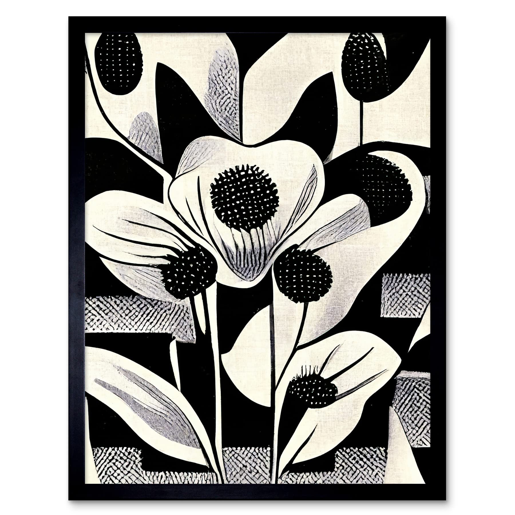 Wee Blue Coo Monochrome Black White Abstract Retro Flower Pattern Art Print Framed Poster Wall Decor 12x16 inch