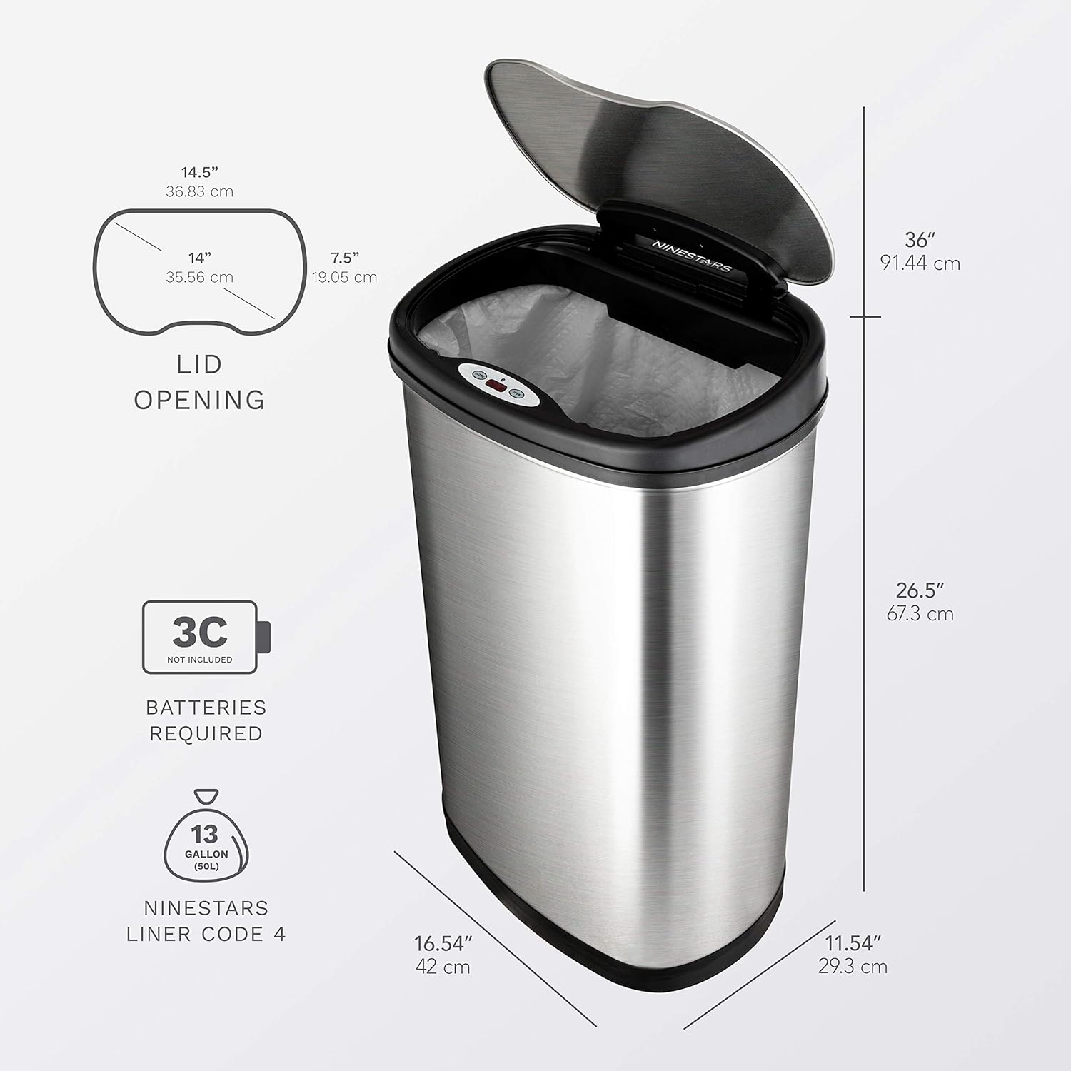 Ninestars DZT-50-13 Automatic Touchless Motion Sensor Oval Trash Can with Black Top, 13 gallon/50 L, Stainless Steel: Home & Kitchen