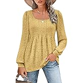 Zwurew Women's Puff Long Sleeve Shirts 2024 Trendy Scoop Neck Loose Fit Blouses Pleated Flowy Tunic Tops S-2XL