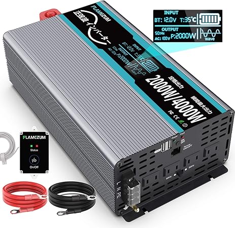 Amazon Flamezum インバーター 正弦波 00w 12vを100vに変換 50hz 60hz切り替え可能 瞬間最大4000w リモコンつき 2 4aのusbポート付き Acコンセント 4口 Ledディスプレイ Dc12v Ac 100v 110v 00w インバーター 正弦波 4 5mのリモコン一つ インバーター