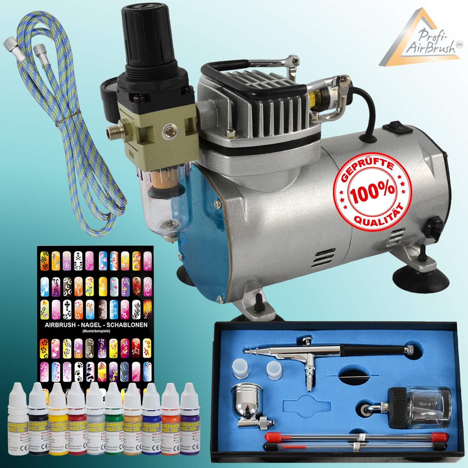 PROFESSIONAL AIRBRUSH KIT ULTIMATE I + BEAUTY NAIL SET 10*Color Set with 78pcs fingernail stencils Set, oil-free compressor, Universal airbrush double action gun incl. 3pcs nozzles + needles + Gravity cup Glass + HOSE NAIL ART NAILDESIGN