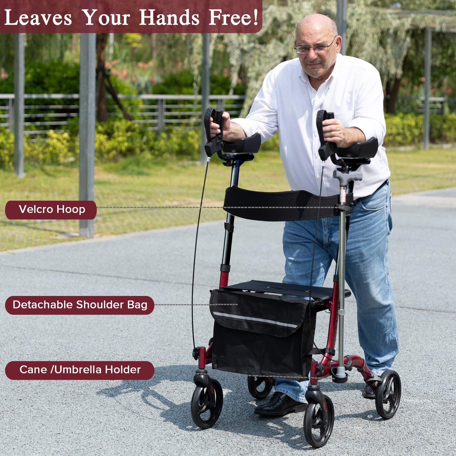 ELENKER Upright Walker, Stand Up Folding Rollator Walker Back Erect Rolling Mobility Walking Aid with Seat, Padded Armrests for Seniors and Adults, Red