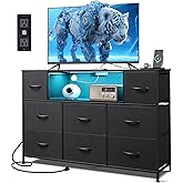 GALAXHERO Black TV Stand for 45, 50, 55 inch TV, TV Media Console Table with LED Lights & Charging Station, Entertainment Center with 8 Fabric Drawers and Open Shelves for Living Room, Hallway