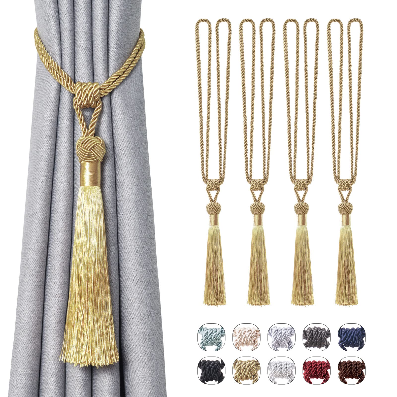 Pretty Jolly 4 Pack Long Tassel Curtain Tiebacks Handmade Braided Rope Knot Drape Tie Backs European Style Decorative Curtain Holdbacks for Home & Office Window Drapery (Gold)
