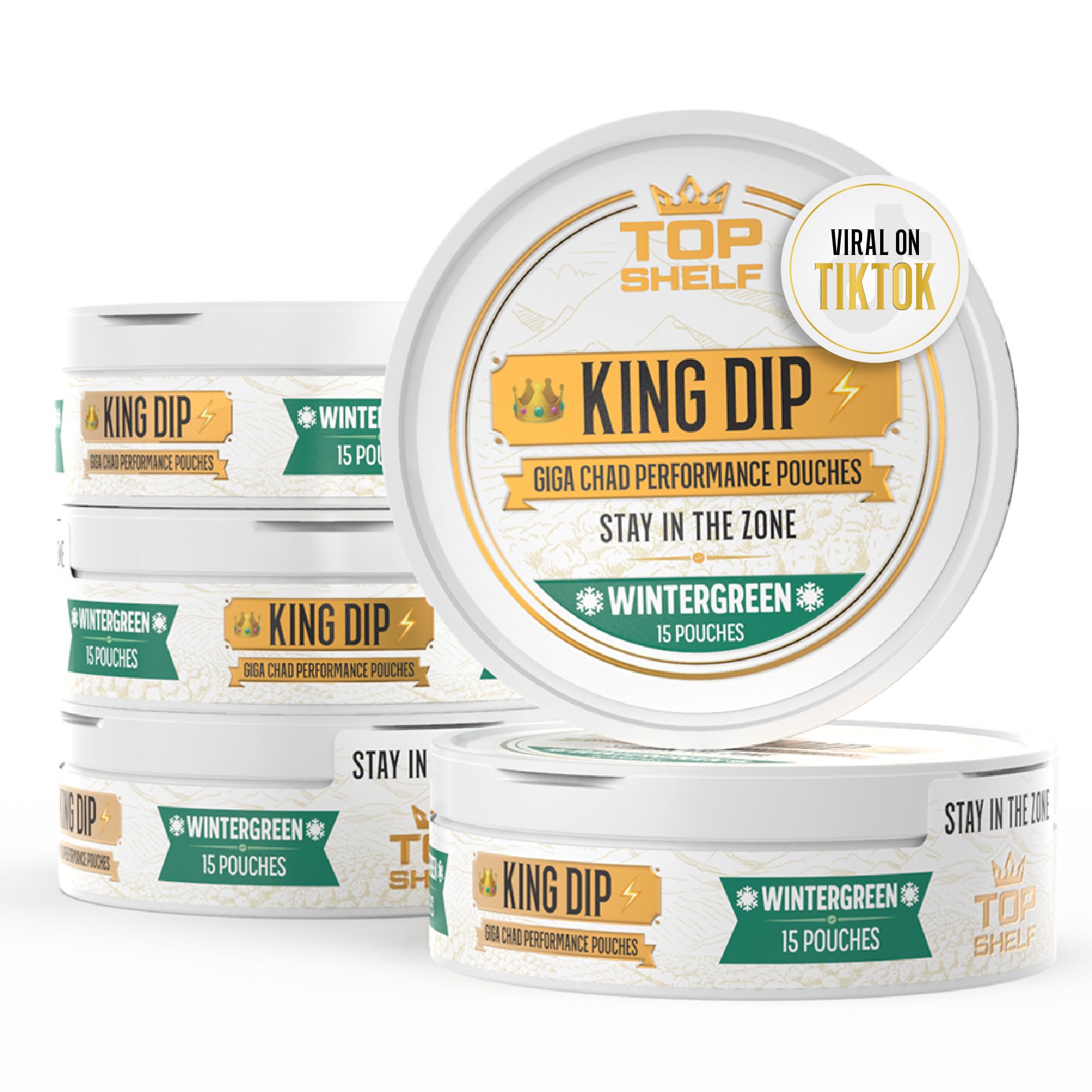 Top Shelf King Dip, Nootropic Energy Caffeine Pouches for Alpha Performance, Focus & Neuro Brain Supplement | Coffee Pouch Alternative (Wintergreen)