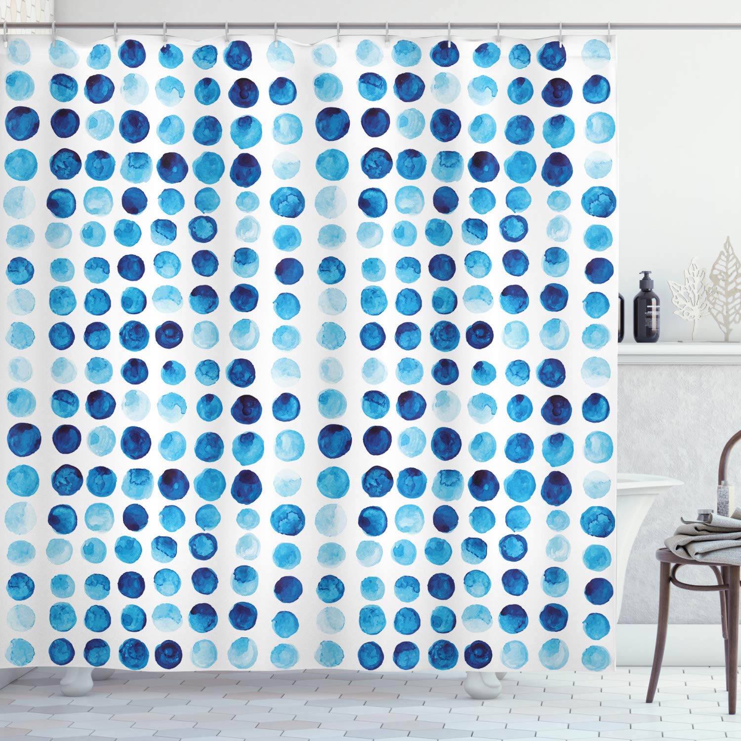 ABAKUHAUS Blue Shower Curtain, Retro Hand Drawn Circles Rounds Color Cells Painted Bubble Like Grungy Style Tile, Cloth Fabric Bathroom Decor Set with Hooks, 175 x 200 cm, Blue Light Blue — image 1