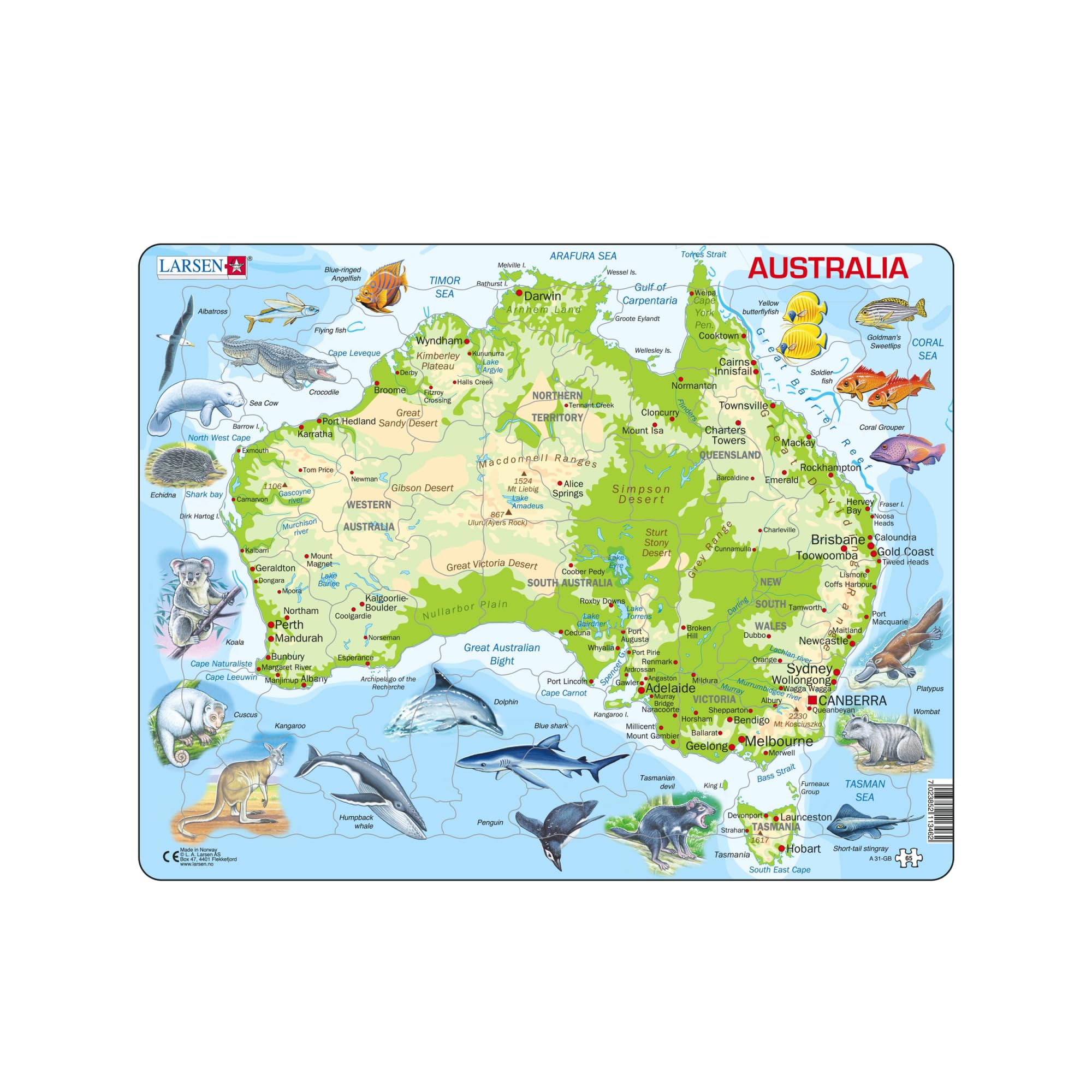 Larsen Puzzle Australia Topographic Map, Ages 7+, Educational Geography Jigsaw, 65 Contour & Figure Pieces, Tray & Frame, Learn States & Animals, English Edition
