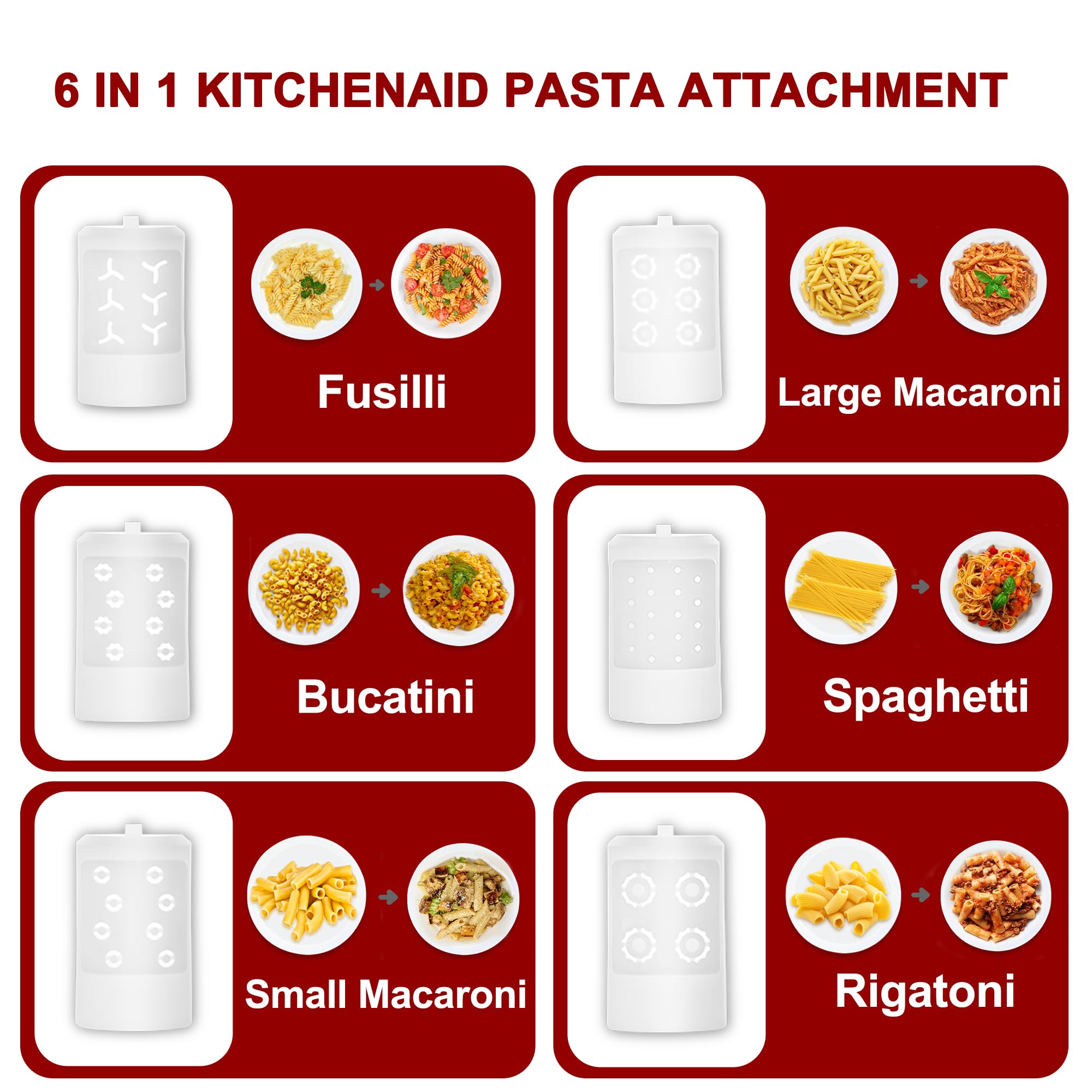 6 in 1 Pasta Attachment for Kitchenaid Stand Mixer, Durable Pasta Maker Attachment for Easy Homemade Fresh Noodles with 6 Different Shapes Pasta Outlet & Cleaning Brush, Dishwasher Safe