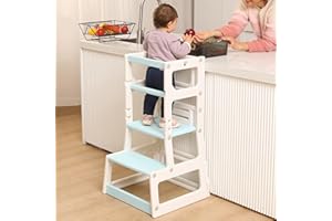 SDADI Mother's Helper Adjustable Height Plastic Kitchen Step Stool for Children, Kids Toddlers Counter Level Learning Stool for Kitchen & Bathroom,Beige and Blue