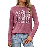 PICKID Teacher Shirts for Women: ABCD Teacher T-Shirt Alphabet Graphic Tshirt Casual Long Sleeve Fall Tops