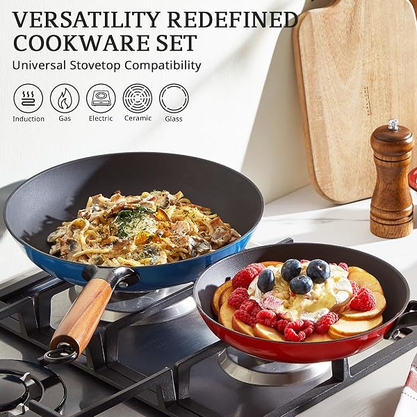KITESSENSU ENAMELED CAST IRON SKILLETS – NON STICK FRYING PANS SET WITH DURABLE WOODEN HANDLE – 8&10&12 IN TITANIUM CAST IRON PANS FOR MULTI-COOKING – PRE SEASONED COOKWARE SET – GRADUAL COBALT BLUE