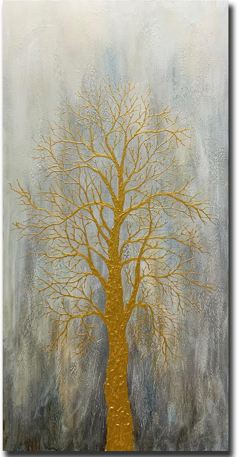 Paintings - ART8YUQI Paintings - Tree of Life Canvas Wall Art Hand Painted Grey Blue Winter Golden Trunk Paintings Modern Abstract Forest Pictures Artwork for Living Room Bedroom Office Decoration 24x48 Inch