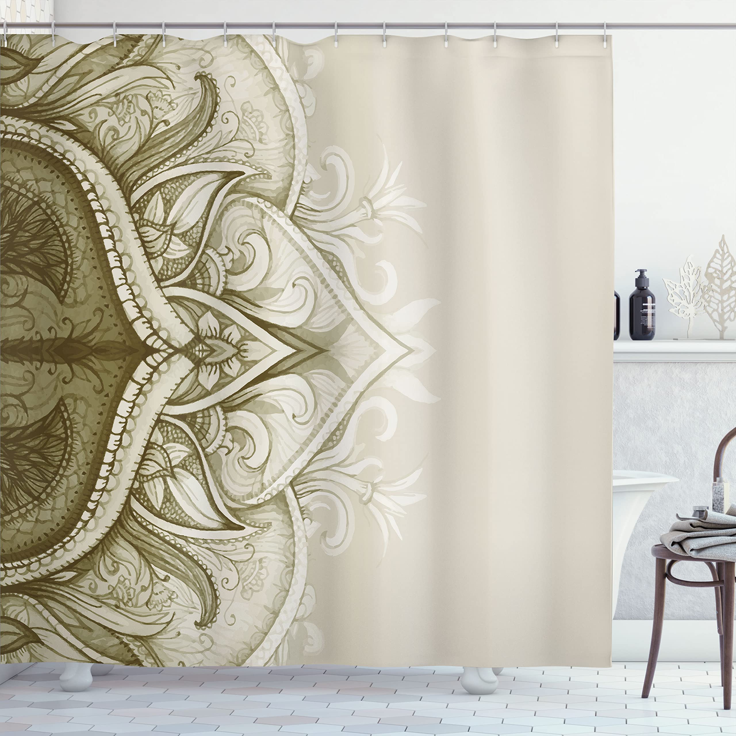 ABAKUHAUS Mandala Shower Curtain, Traditional Ornamental Lace Border Swirled Flower Lines Eastern Folk Art, Cloth Fabric Bathroom Decor Set with Hooks, 175 x 200 cm, Khaki Eggshell