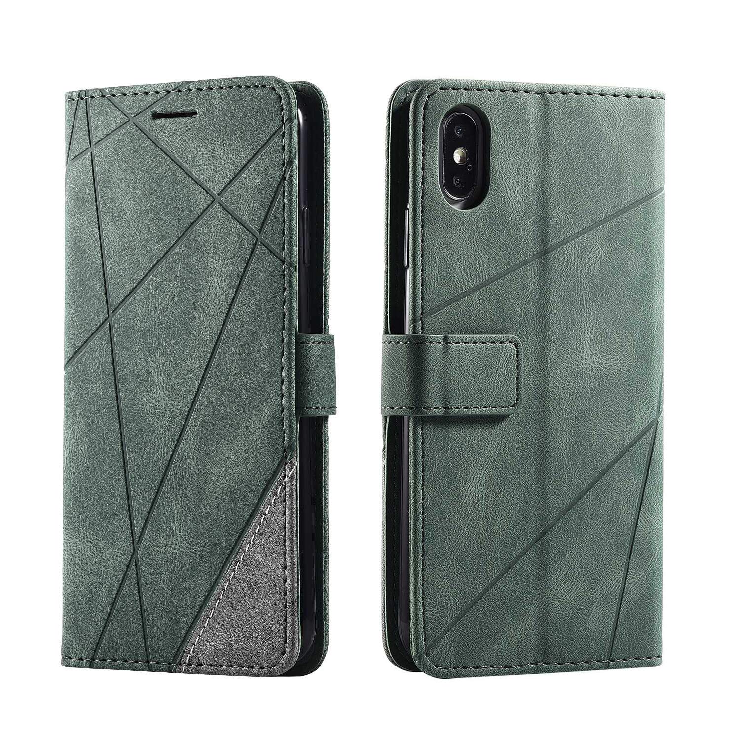 SONWO Case for iPhone Xs Max Case, Premium Leather Flip Wallet Case Magnetic Closure Card Slots Kickstand Phone Case for iPhone Xs Max, Green